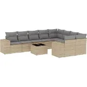 vidaXL 10-delige tuinmeubelset met kussens, beige, polyrotan
