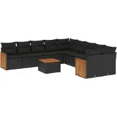 vidaXL 11-delige tuinmeubelset met kussens, zwart, polyrotan