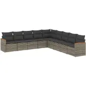vidaXL 9-delige tuinmeubelset met kussens, grijs, polyrotan