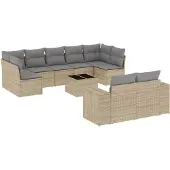 vidaXL 10-delige Loungeset met kussens poly rattan beige