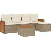 vidaXL 6-delige Loungeset met kussens poly rattan beige