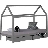 Homestyle4u Kinderbed, type "Kinderhuis", met een afmeting van 90x200 cm, grijs van kleur, met een geïntegreerde opbergruimte
