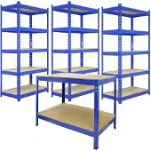 Monster Racking Monster rekken 3 x blauw rekken eenheid 90cm 5 Tier &amp; werkbank garage opslag magazijn rekken