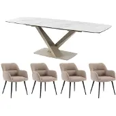 Vente-unique Set tafel MALATA + 4 stoelen HEKA - Wit marmereffect en beige