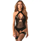 Obsessive Dominna - doorschijnende, glanzende body (zwart) - L/XL