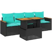 vidaXL 5-delige Loungeset met kussens poly rattan zwart