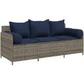 vidaXL Tuinbank 3-zits met kussens poly rattan grijs