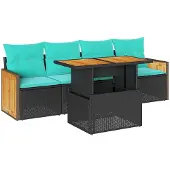 vidaXL 5-delige Loungeset met kussens poly rattan acacia zwart