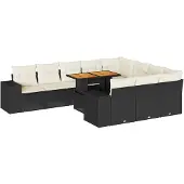 vidaXL 10-delige Loungeset met kussens poly rattan acacia zwart
