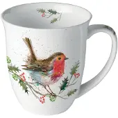 Ambiente -mok-beker-met oor-roodborstje-winter-robin-porselein-fine bone china-kado-cadeau