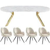 Vente-unique Set tafel KOMONI + 4 stoelen GULSUN - Wit marmereffect en beige