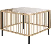MODFU Buitentafel 65x65x43 cm van PE-rattan en staal, weerbestendig met glazen blad