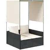 vidaXL Ligbed tweepersoons met dak en gordijn poly rattan zwart