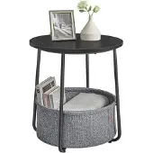 Vasagle Ronde bijzettafel met stoffen mand, Ebbenhout Zwart + Leigrijs