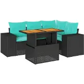 vidaXL 5-delige Loungeset met kussens poly rattan zwart