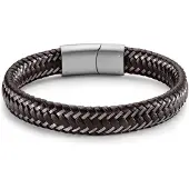 Lucleon Armband van gevlochten bruin leer en staal