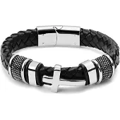 Lucleon Gevlochten Zwarte Armband met Zilverkleurig Roestvrijstalen Kruis