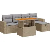 vidaXL 6-delige tuinmeubelset met kussens, beige, polyrotan, acaciahout