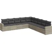 vidaXL 9-delige Loungeset met kussens poly rattan lichtgrijs
