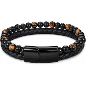 Memphis Heren armband zwart leer Tijgeroog kralen Edelstaal magneet sluiting-23cm