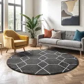 Muratap Trellis uni rond effen laagpolig vloerkleed modern donker 150 cm rond