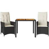 vidaXL 3-delige Bistroset met kussens poly rattan en acaciahout zwart