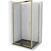 Mexen Apia schuifdouchecabine 140 x 80 , transparant, goud + Flat-douchebak, zwart - 840-140-080-50-00-4070G