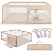 Sun baby Kinderbox met roze handvat 150x200 cm 0-2 jaar Beige, polyester, netwanden, ingang met rits, antislipvoetjes, draagtas inbegrepen, metalen frame