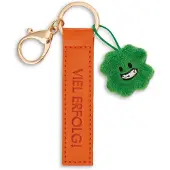 Magni sleutelhanger "Veel succes!" Kunstlederen band, oranje, 10 cm, met klaverblad
