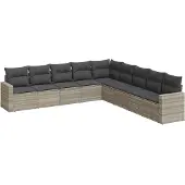 vidaXL 9-delige Loungeset met kussens poly rattan lichtgrijs