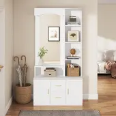 MODFU Kapstok 90x40x180 cm van MDF, met spiegel en opbergruimte, wit