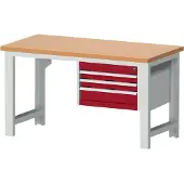 Bott cubio werkbank, handmatig in hoogte verstelbaar 740-1140 mm, koper beuken werkblad 40 mm, B 1500 x D 750 mm, stalen frame, 1200 kg, paars/lichtgrijs