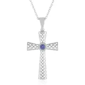 Cavill - Zilveren Halsketting 925 Sterling Zilver - AAA Tanzaniet 0.117 ct Rond Geslepen - Filigraan Kruis Hanger - Blauw Elegante Ketting 45.7 cm