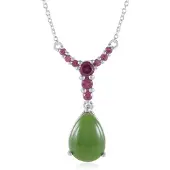 Cavill - Zilveren Halsketting 925 Sterling met Platina Coating - Canadese Jade Peervorm 5 263 ct - 6 Rhodolieten 0 828 ct - Verstelbare Elegantie