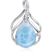 Cavill - Zilveren Larimar Hanger 925 Sterling Zilver - 5,03 Ct Peervorm Cabochon - 7 Witte Topaas Pavé - Elegant Blauw Sieraad