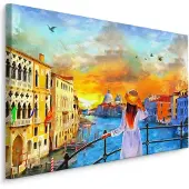 Karo-art Schilderij - Uitzicht over Venetië, Kleurrijke Print op Canvas