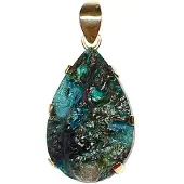 Cavill - Zilveren Hangertje 925 Sterling Zilver Verguld - Gem Silica Druzy 47,4 ct - Peervorm - Bali Barong Stijl - Blauw Groen Glans