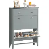 SoBuy Schoenenkast met 2 Kleppen, Entreekast met Grote Lade, Schoenenrek, Schoenenopbergdoos, Grijs, 80x25x108 cm - FSR89-HG