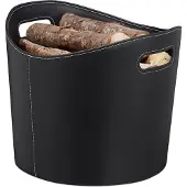Relaxdays houtmand kunstleer - binnen - 17 liter - met handgrepen - houtopslag haardhout - zwart