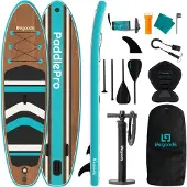 LifeGoods PaddlePro SUP Board - met Zitje - Opblaasbaar Paddle Board - Complete Set - Max. 150KG - 320x81cm - Hout/Blauw