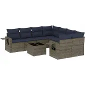vidaXL 9-delige tuinbankset met kussens, grijs polyrotan