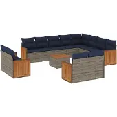 vidaXL 13-delige tuinbankset met kussens, grijs polyrotan