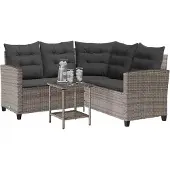 vidaXL Tuinbank met tafel en kussens L-vormig poly rattan grijs