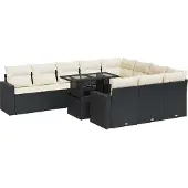 vidaXL 11-delige tuinmeubelset met kussens, zwart, polyrotan