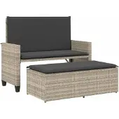 vidaXL Tuinbank met kussens en voetenbank poly rattan lichtgrijs