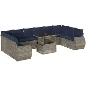 vidaXL 11-delige tuinbankset met kussens, grijs polyrotan