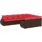 vidaXL 10-delige tuinbankset met kussens, bruin polyrotan
