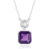 Cavill - Zilveren Halsketting 925 Sterling Zilver Geplatineerd - 3,949 ct Zambia Amethist Asscher - 0,744 ct Witte Kwarts - Elegante Bezelzetting
