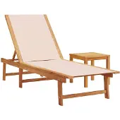 vidaXL Ligbed met tafel massief acaciahout en textileen crèmekleurig