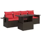 vidaXL 5-delige Loungeset met kussens poly rattan acacia bruin